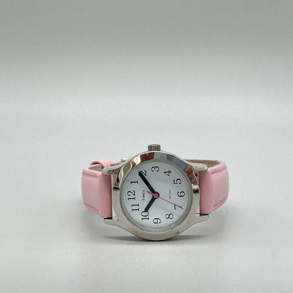 Timex Girls Watch 24mm White Dial Silver Tone Pink Band T79081 New Battery